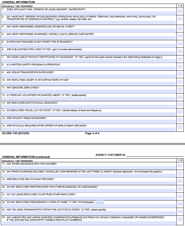 general information section spanning pages 3 and 4, featuring 24 yes/no questions about safety programs, seasonal employees, prior coverage declines, and other underwriting details.