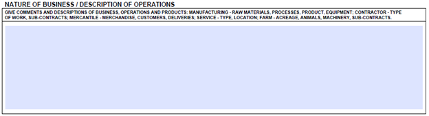 workers compensation form section describing the insured’s operations, including any subcontractors, leased employees, and manufacturing or service details.