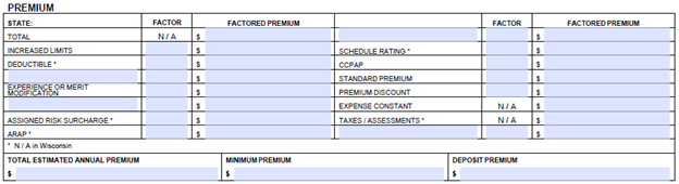 ACORD 130 workers compensation premium section featuring experience modification, assigned risk factors, premium discounts, deposit premiums, and overall rating information.