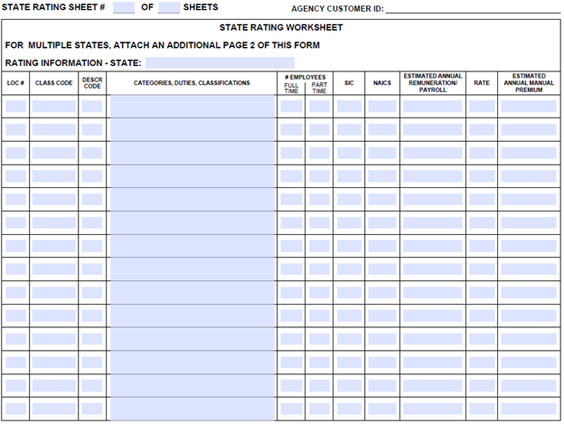 ACORD 130 workers compensation state rating worksheet capturing class codes, duties, number of full-time and part-time employees, and payroll breakdowns for each location.