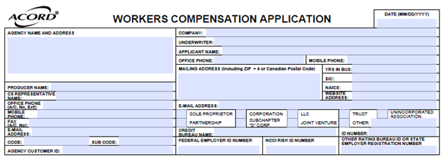 ACORD 130 workers compensation application capturing agency details, applicant entity type, years in business, and federal employer ID information.