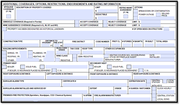 ACORD 140 additional coverages section detailing construction type, fire protection, building improvements, adjacent properties, and security systems for commercial property insurance.