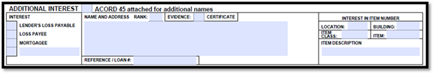 ACORD 140 Additional Interests section where entities with a financial stake, such as mortgagees and loss payees, are listed with names, addresses, and location details.