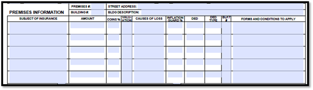 ACORD 140 premises information section with fields for premises numbers, building descriptions, coverage amounts, coinsurance, valuation, causes of loss, and deductibles.