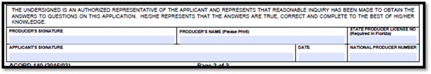 ACORD 140 form signature fields for both producer and insured, confirming the accuracy of information for commercial property insurance coverage.