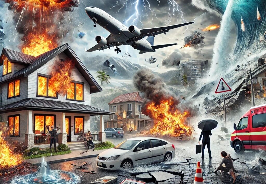 A comprehensive depiction of insurance perils, including fire, lightning, explosion, windstorm, hail, smoke, aircraft and vehicle damage, riots, vandalism, sprinkler leakage, sinkhole collapse, and volcanic eruption. This visual represents the importance of coverage under the Basic Cause of Loss Form in insurance.