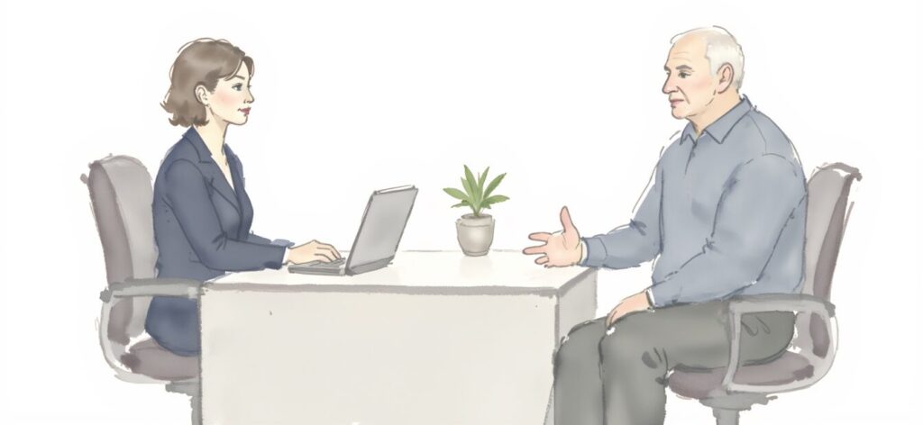 CIC designation shown by a young professional helping an older client at a desk in an office.