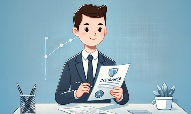 Cartoon illustration of an insurance professional reviewing documents at a desk, symbolizing the CPCU Designation. The background features financial graphs and an insurance shield, representing expertise in risk management and underwriting.