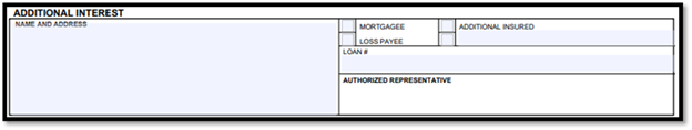 Additional interest section listing name, address, mortgagee/loss payee status, loan number, and signature line for the authorized representative