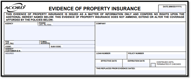 ACORD 27 evidence of property insurance form capturing agency, insured, carrier, policy details, loan numbers, and the option for continuous coverage or certificate replacement.