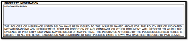 Property information section listing the insured location address, occupancy details, and any covered property descriptions (e.g., building or equipment).