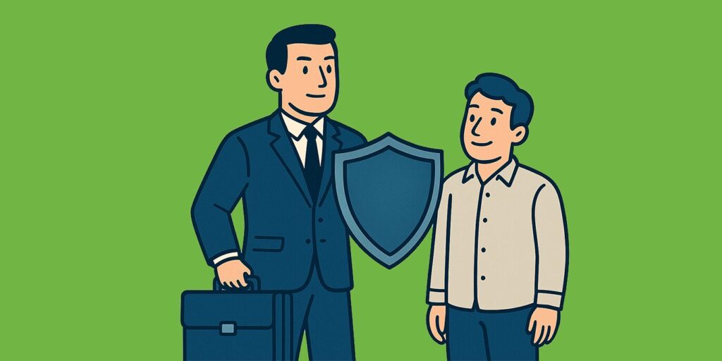 Flat-style digital illustration depicting an insurance agent in a navy suit holding a shield and briefcase, standing protectively in front of a casually dressed client. Set against a light teal background, the image symbolizes the "duty to defend" concept, with clean lines and minimalistic legal and insurance icons reinforcing the protective role of insurers.