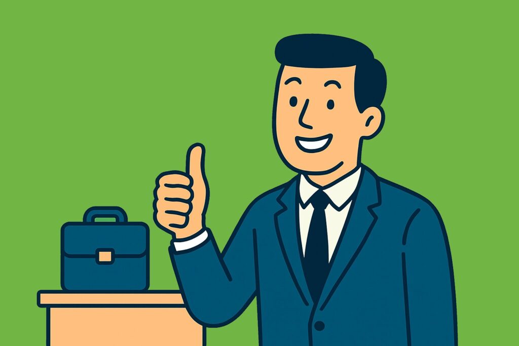 Flat-style digital illustration of a smiling businessman in a navy-blue suit giving a thumbs-up gesture, symbolizing the positive aspects and benefits of joining a risk retention group.