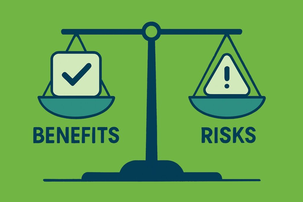 illustration of a balanced scale with the left pan labeled “BENEFITS” and containing a checkmark icon, and the right pan labeled “RISKS” with a caution icon. The image visually represents the conclusion of weighing pros and cons related to Risk Retention Groups (RRGs).