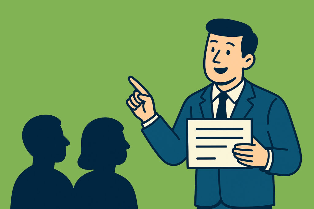 a professional man in a navy-blue suit holding a document and explaining contractual risk transfer to another person.