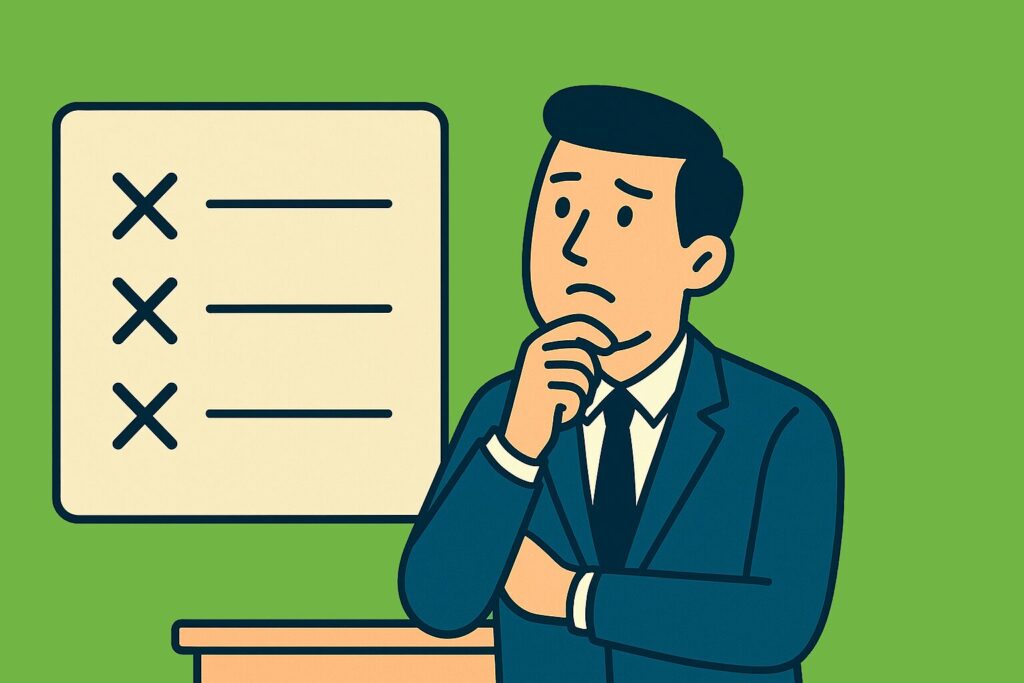 Flat-style digital illustration of a concerned businessman in a navy-blue suit standing beside a board displaying a list of three crossed-out options. Reflecting contemplation over the disadvantages of Risk Retention Groups.