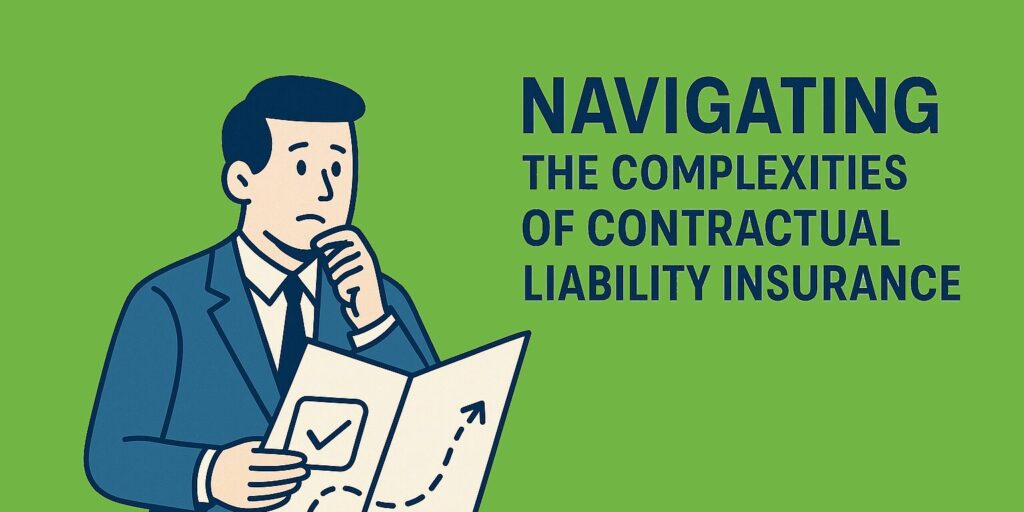 Flat-style digital illustration of a professional man in a navy suit holding a map and looking concerned, symbolizing the challenge of navigating contractual liability insurance. A dashed arrow above his head indicates confusion, while the light blue background emphasizes the complexity of the topic. Text beside him reads Navigating the Complexities of Contractual Liability Insurance.