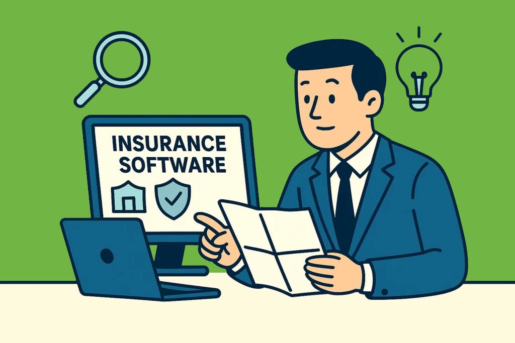 Flat-style digital illustration of a professional man in a navy-blue suit sitting at a desk, studying a laptop screen labeled "Insurance Software." Surrounded by icons of a magnifying glass, shield, and lightbulb on a light teal background, the image represents the process of researching and selecting the right insurance software.