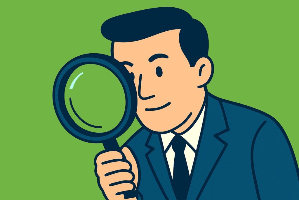 Flat-style digital illustration of a large professional man in a navy-blue suit peering through a magnifying glass, intensely examining the viewer. Set against a light teal background, the image symbolizes the deep scrutiny and analysis involved in understanding contractual liability insurance.