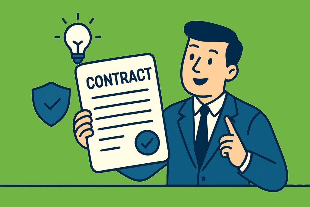 Flat-style digital illustration of a smiling businessman in a navy suit holding a large contract marked with a checkmark. A glowing lightbulb floats above his head, and a shield icon appears beside him, all set against a light blue background—visually representing understanding and protection in contractual liability insurance.