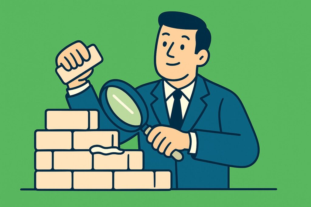 He holds a brick in one hand and a trowel with a magnifying glass in the other, inspecting the mortar. The green background reinforces the theme of preparation and growth before launching a marketing campaign.
