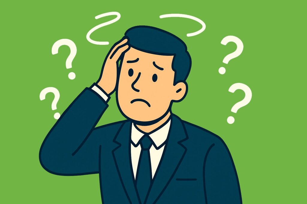 Surrounded by swirling lines and question marks, he stands against a solid green background. The image visually represents the challenges of staying compliant and highlights the importance of a sound insurance agency marketing strategy to avoid unnecessary complications.