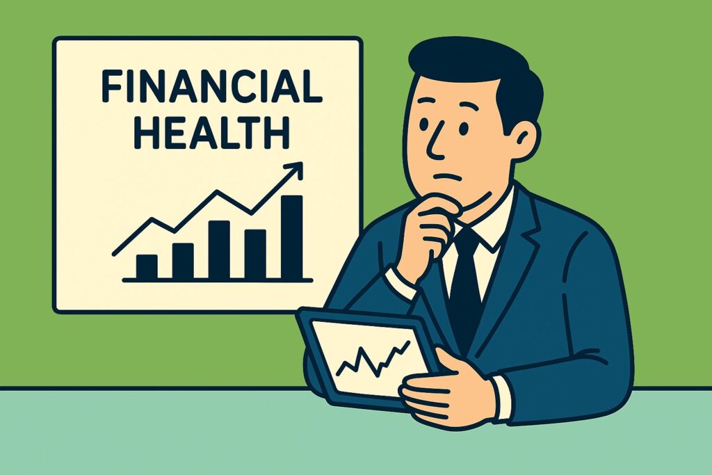 Flat-style illustration of a businessman in a navy suit reviewing financial graphs on a tablet with a "Financial Health" sign behind him, representing financial assessment and client risk analysis.