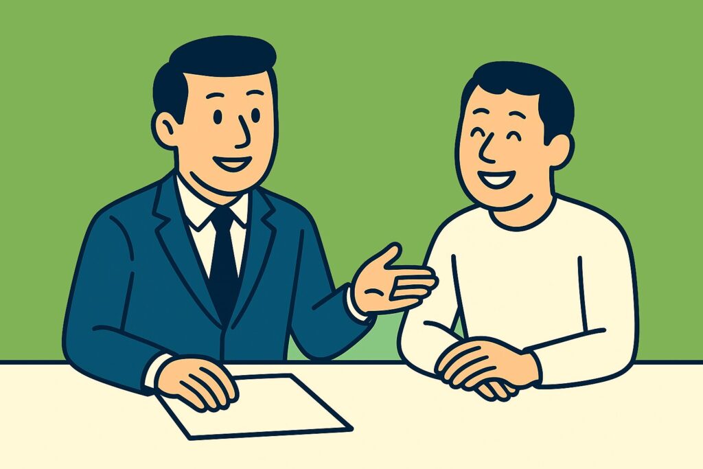 Flat-style illustration of an insurance advisor in a navy suit confidently explaining information to a smiling client, representing the moment of clarity and client understanding in the insurance process.