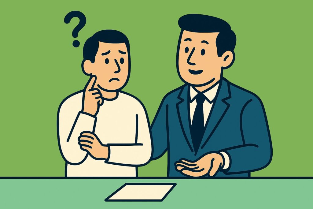Flat-style illustration of a helpful insurance professional in a navy suit guiding a confused client, representing clear client communication and support in insurance services.