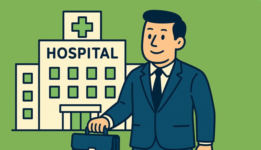 Flat-style illustration of a health insurance specialist in a navy suit standing confidently in front of a hospital on a green background, symbolizing the beginning of a career in health insurance.