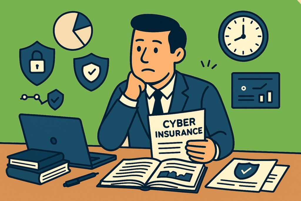Flat-style illustration of a man in a navy suit studying at a desk with books and a clock in view, symbolizing the time investment required to pursue top cyber insurance designations.