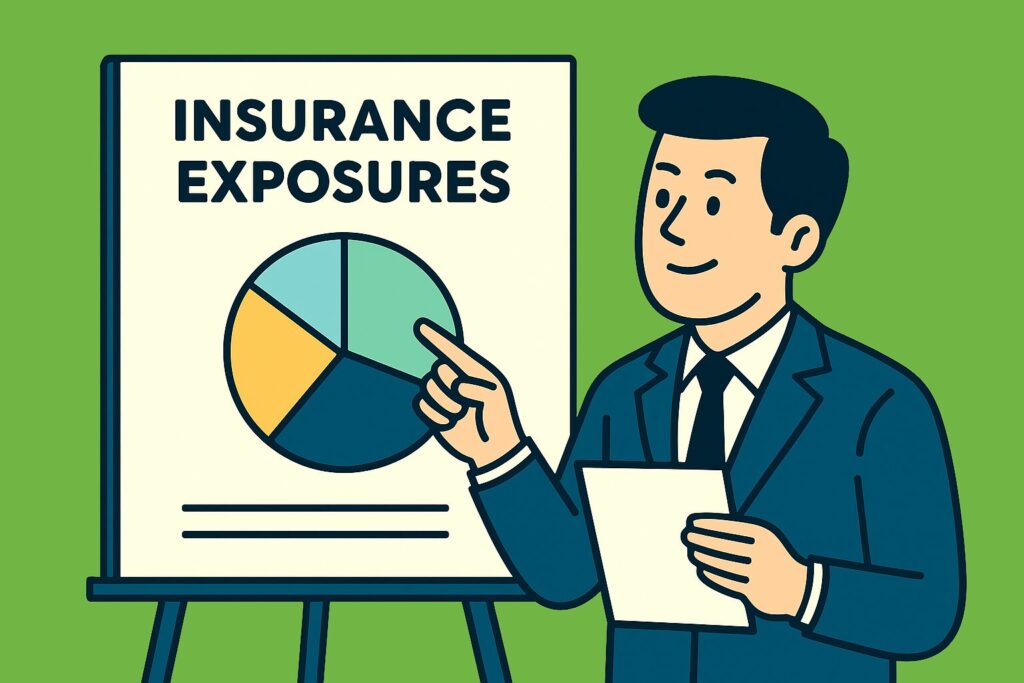 Flat-style illustration of a business professional analyzing a pie chart labeled "Insurance Exposures" on a presentation board, representing risk classification in insurance.