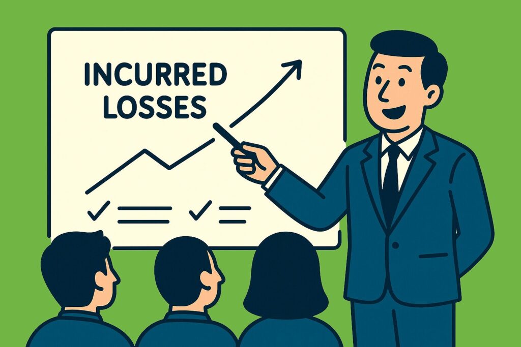 A flat-style digital illustration of a professional insurance agent standing in front of a whiteboard, educating a group of clients seated in an audience about incurred losses and how they impact insurance claims.