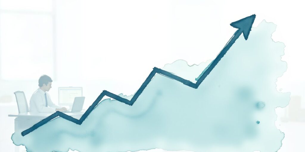 Insurance agency valuation shown with a rising stock chart in an office setting.