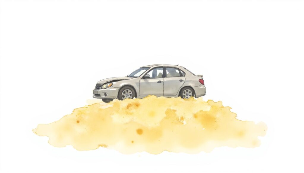 Incurred but not reported shown by a damaged car on a pile of gold coins.