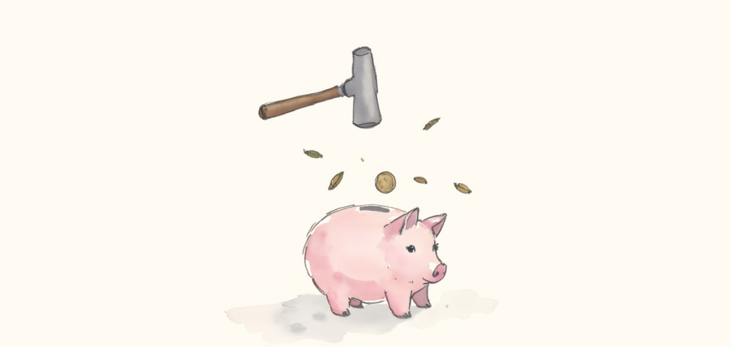 ALAE shown by a piggy bank being broken with a hammer in an office.
