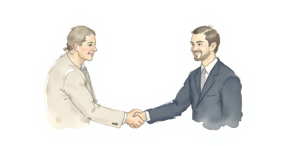 Apparent authority in insurance shown by a happy client shaking hands with an agent.