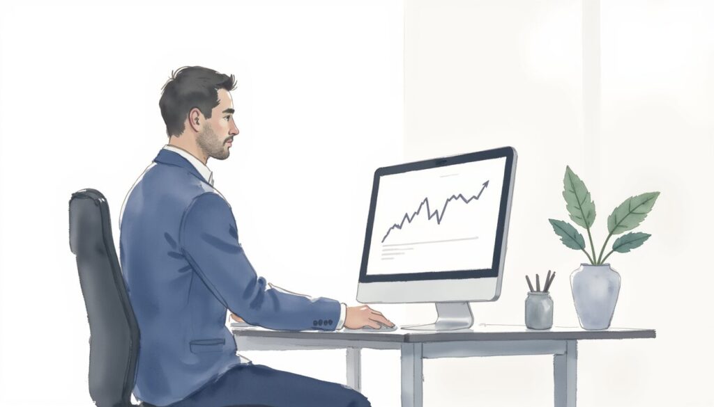 Composite risk assessment shown by a business professional reviewing a fluctuating chart on a computer.