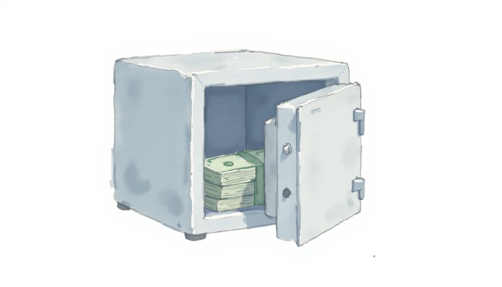 Employee dishonesty insurance shown by an open safe filled with money.