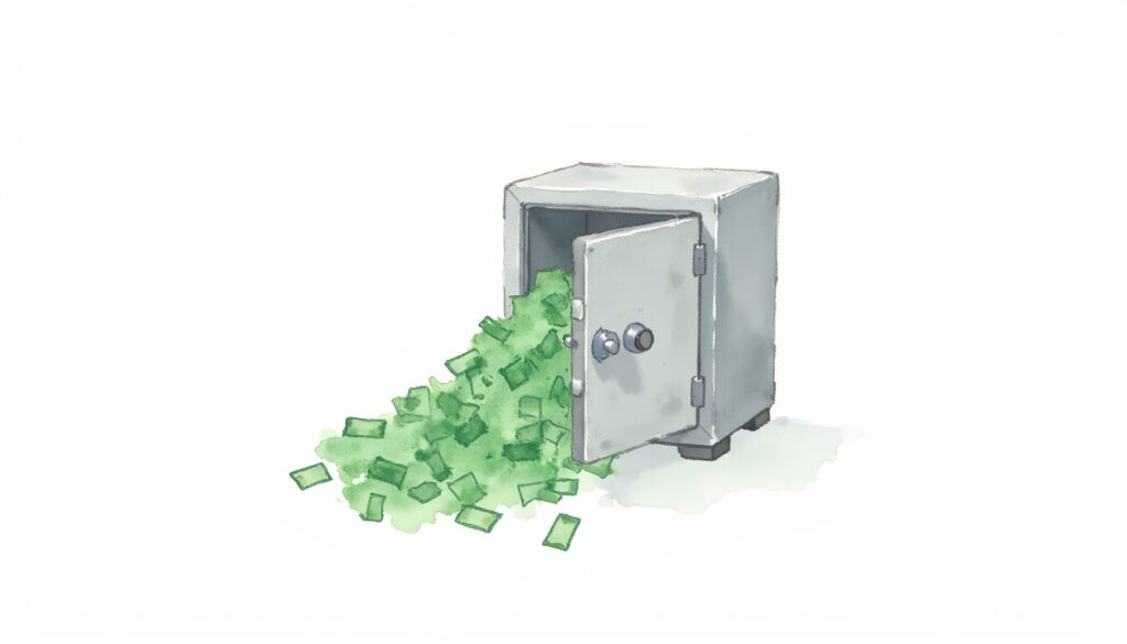 Incurred but not reported shown by a safe overflowing with cash.