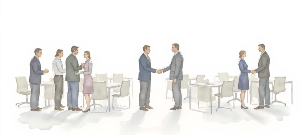 Young professionals networking in an office learning more about Insurance and risk management.