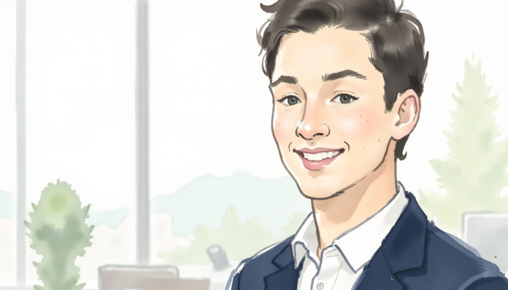 A smiling young male business professional in an office getting ready to learn Insurance and risk management.