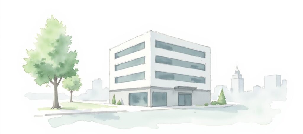 Insurance MGA shown by a corporate building with trees, sidewalk, and cityscape background.