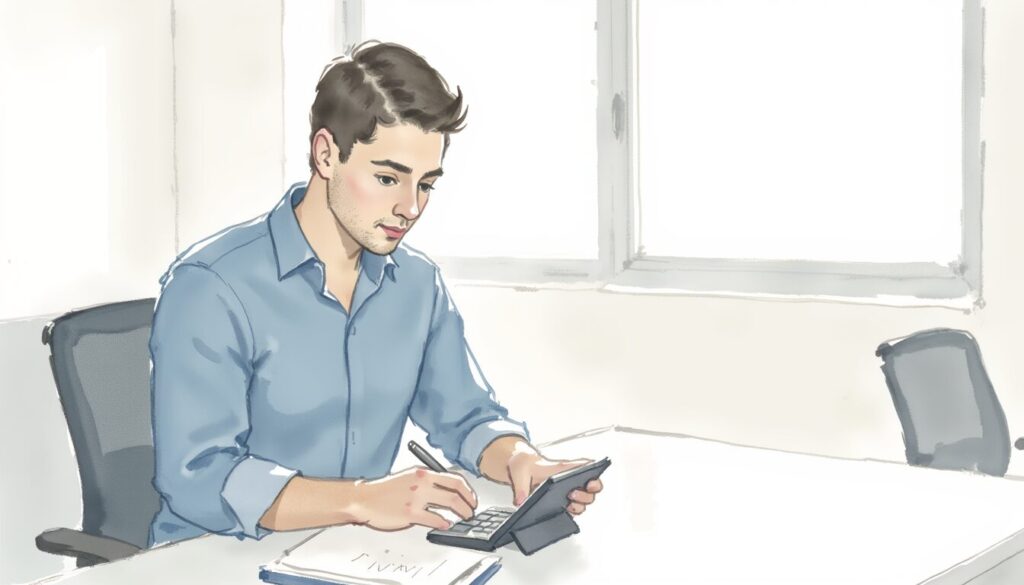 Replacement cost estimator shown by an insurance professional calculating with a calculator in an office.