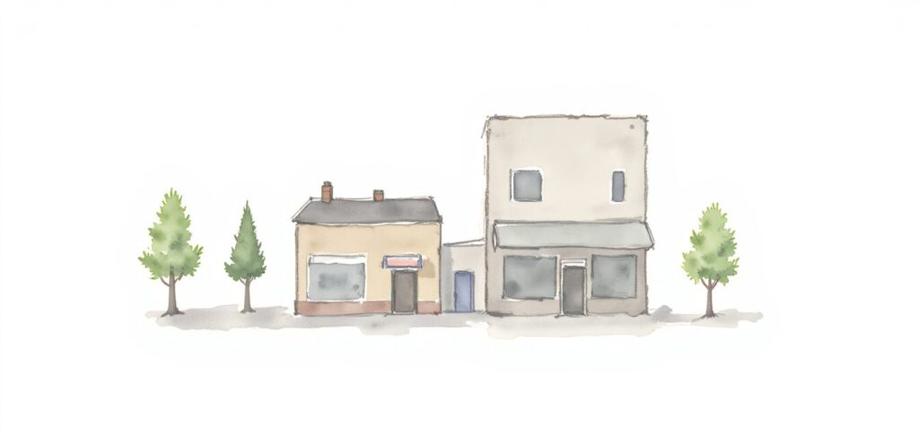 Self insured retention shown by a small business and a large business side by side with sidewalk and trees.
