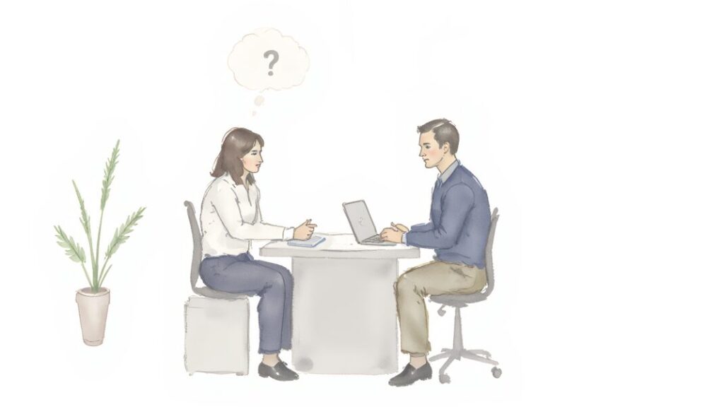 Waiver of Subrogation context shown by a client asking questions in an office with thought bubbles.
