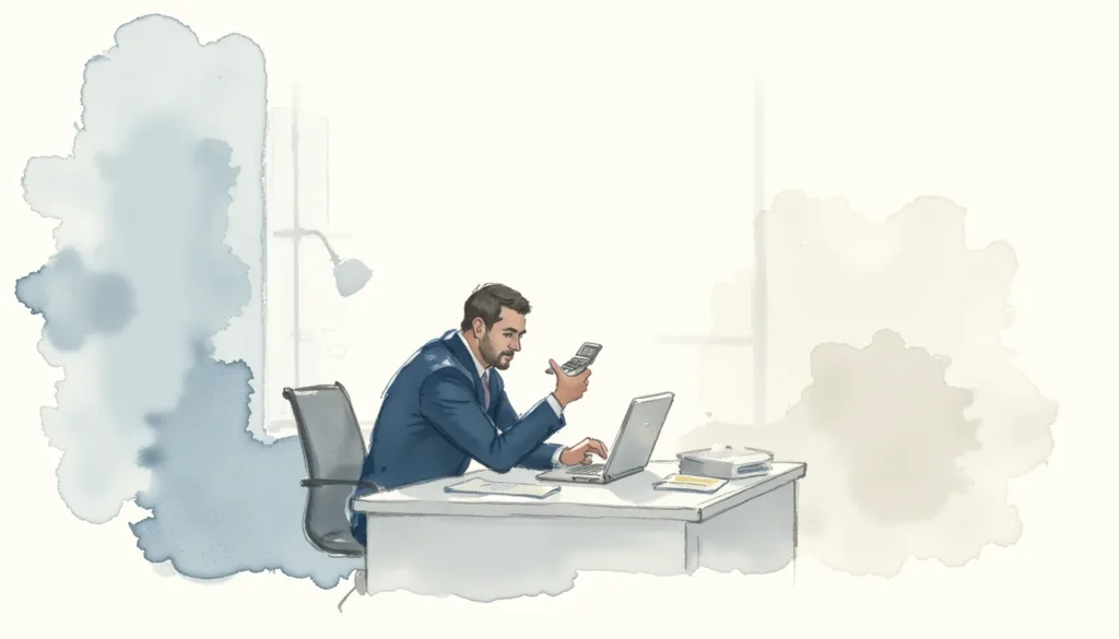Gross written premium shown by a business professional using a calculator at a desk in an office.