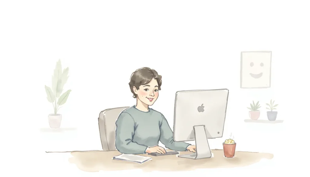 Insurance agency SEO shown by a person happily using a computer in an office.