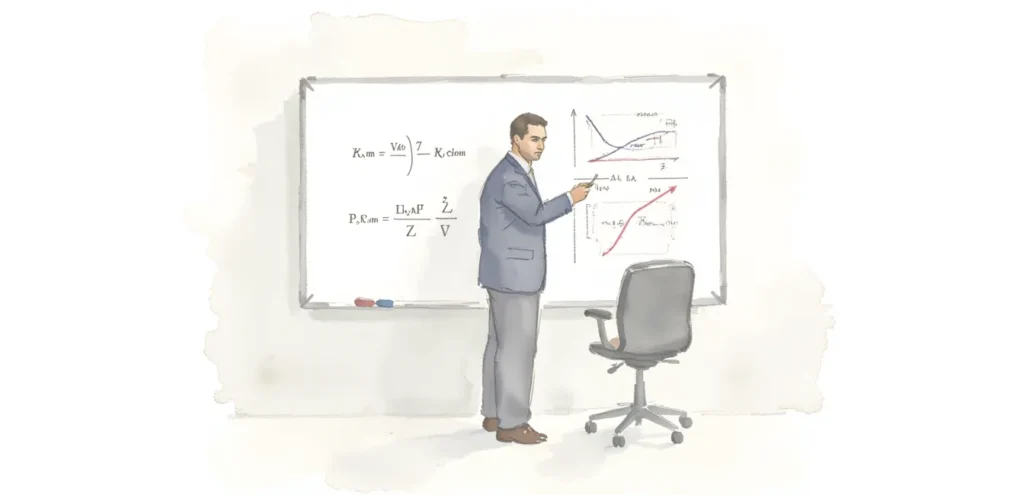 Law of large numbers shown by a business professional calculating loss ratio in an office.